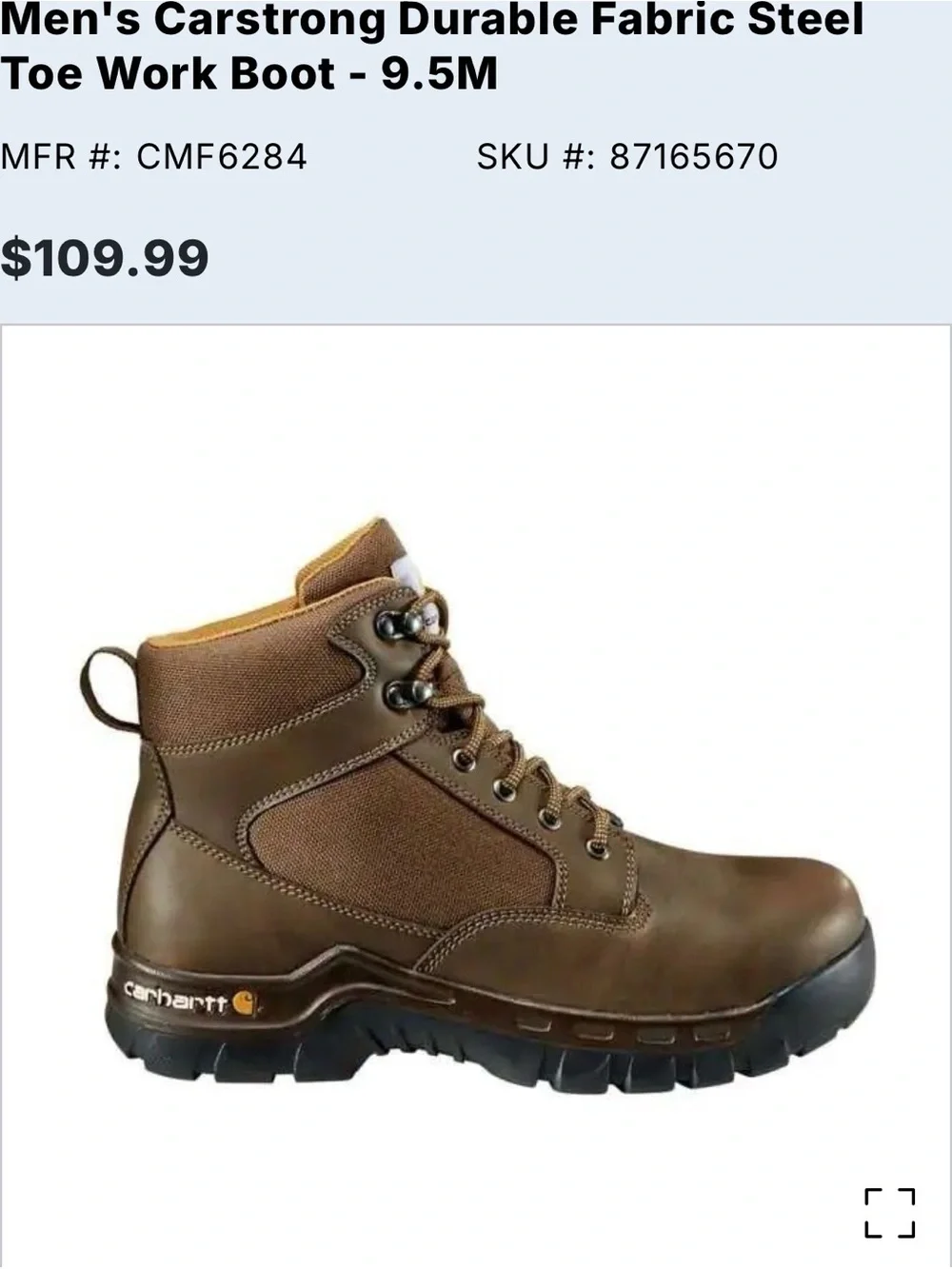 Carhartt Brown Lace-Up Steel Toe Work Boot